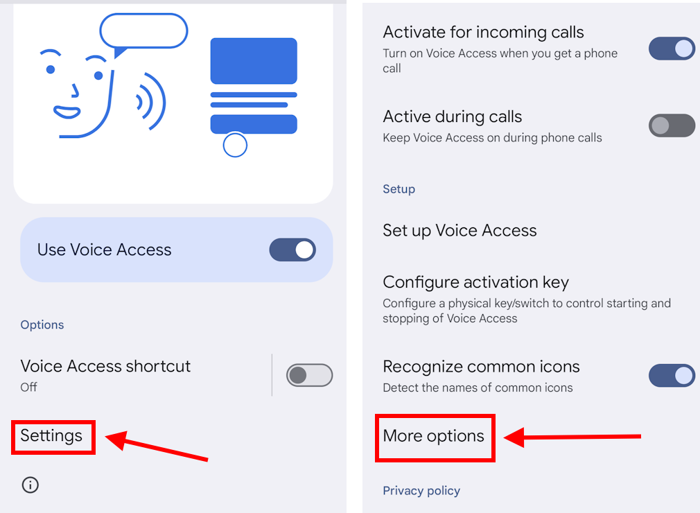 Tap Settings then More options
